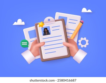 Recruiters hands holding cv. HR management concept. Human resources. Searching professional staff. 3D Web Vector Illustrations. 