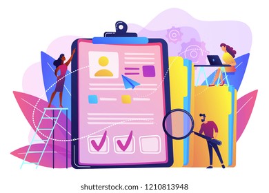 Recruiters and managers searching for candidate in huge CV for position. Recruitment agency, human resources service, recruitment network concept. Bright vibrant violet vector isolated illustration