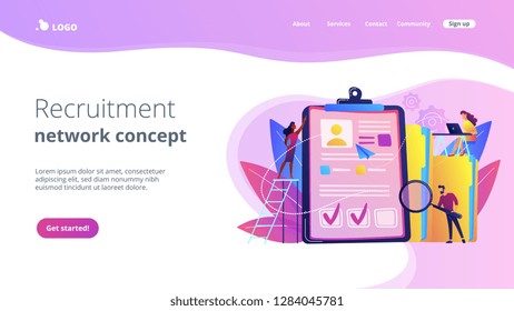 Recruiters and managers searching for candidate in huge CV for position. Recruitment agency, human resources service, recruitment network concept. Website vibrant violet landing web page template.