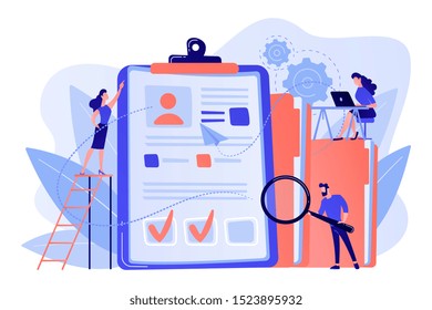 Recruiters and managers searching for candidate in huge CV for position. Recruitment agency, human resources service, recruitment network concept. Pink coral blue vector isolated illustration