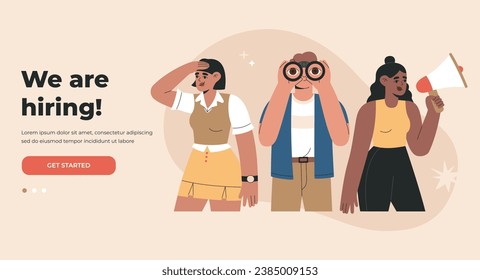 Recruiting agency, hiring concept. Hr managers searching new candidates for job vacancy. Landing page template. Hand drawn vector illustration, isolated on light background, flat cartoon style.