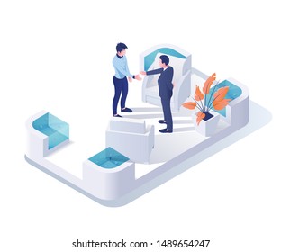 Recruiting agency isometric vector illustration. Coworkers, candidate and employer 3D cartoon characters. Headhunting, human resources department. Business partnership, successful job interview