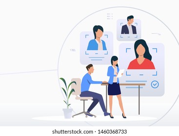 Recruiting agency office. Man and woman studying profiles and CV. Human resource concept. Vector illustration can be used for topics like personnel search, recruitment, employment