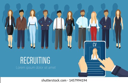 Recruiting agency people Vector flat style. CV analyzing business criteria concept. Job employment candidates