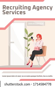Recruiting agency services poster template. Human resources, employment. Commercial flyer design with semi flat illustration. Vector cartoon promo card. Hiring for job position advertising invitation