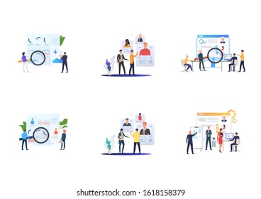 Recruiting agency set. Agents analyzing job candidates profiles. Flat vector illustrations. Career, human resource concept for banner, website design or landing web page