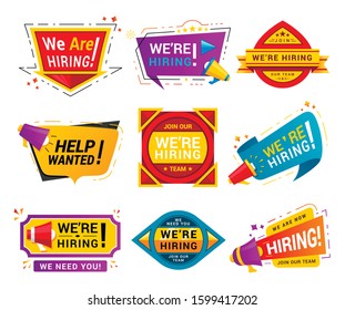 Recruiting agency stickers flat vector illustrations set. Head hunters promo labels pack isolated on white background. Human resources department promo badges collection. Help wanted trendy logos