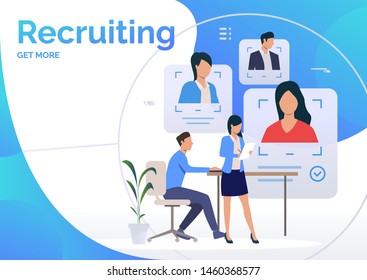 Recruiting agents studying candidate profiles. Personnel search, recruitment, employment. Human resource concept. Vector illustration can be used for landing pages, banner and poster design