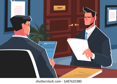 Recruiting in business vector illustration. Manager with job seecker at interview flat style design. Man holding resume for work. Hirier studying personal information of job applicant