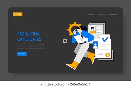 Recruiting candidates concept. A dynamic HR professional filters through resumes in a digital application process. Talent acquisition and job search optimization. Vector illustration.
