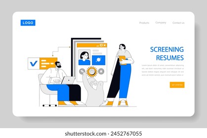 Recruiting Candidates Concept. Human Resources Professionals Bildschirm Lebensläufe auf der digitalen Schnittstelle. Verfahren zur Auswahl von Kandidaten. Vektorillustration.