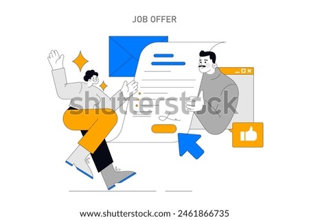 Recruiting candidates concept. Joyful applicant receiving a job offer with a firm handshake gesture. The hiring process, career growth, and employment opportunity. Vector illustration.