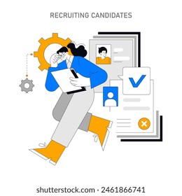 Recruiting candidates concept. A meticulous process of evaluation and selection portrayed with a businesswoman reviewing resumes. Job search, recruitment dynamics. Vector illustration.