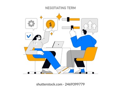 Recruiting Candidates concept. Two professionals in a meeting negotiating employment terms with salary and growth icons. Dynamic job interview scene. Vector illustration.