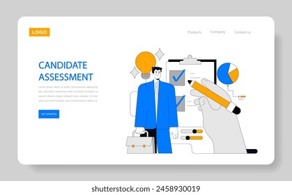 Concepto de reclutamiento de candidatos. Interfaz de Sitio web que muestra la evaluación de candidatos con marcas de verificación y análisis de gráficos circulares. Digitalización de procesos de contratación. Ilustración vectorial.