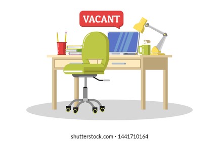 Recruiting candidates for office work. Talent, professionals wanted, we are hiring concept. Workplace for new employee with desk, chair, computer, laptop. Vector cartoon illustration isolated on white