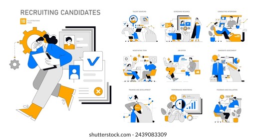 Recruiting Candidates set. A detailed journey of hiring, from sourcing to evaluation. Scenes depict the recruitment process steps, focusing on talent discovery and growth. Vector illustration.