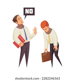 Recruiting cartoon concept with hr manager and upset job candidate getting rejection vector illustration
