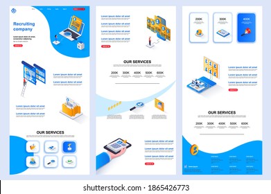 Recruiting company isometric landing page. HR management, headhunting agency corporate website design template. Web banner template with header, middle content, footer. Isometry vector illustration.