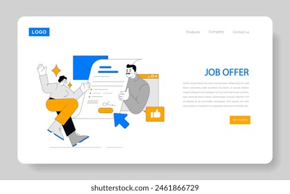 Concepto de reclutamiento. Web animado con un candidato alegre recibiendo una oferta de trabajo, destacando el éxito del proceso de contratación. Ilustración vectorial.