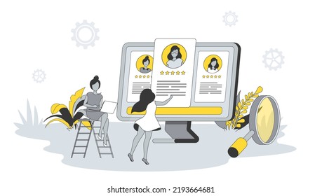 Recruiting concept in flat design with people. Women HR managers looking for new vacancies, read online resumes and select best candidates. Vector illustration with character scene for web banner