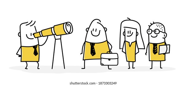 Recruiting concept. Funny stickman looking through a spyglass. Little people stand in line. Vector illustration.