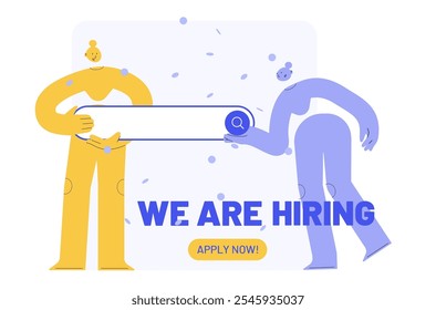 Conceito de recrutamento. Ilustração de vetor mínima para recursos humanos e gerenciamento. Dois personagens abstratos com texto se juntam à nossa equipe e estamos contratando. 