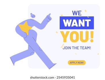 Recruiting concept. Minimal vector illustration for human resources and management. Abstract character with text join our team and we want you! 