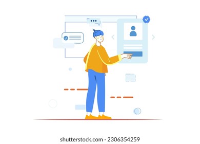 Recruiting concept with people scene in the flat cartoon style. The recruiter is looking for profiles of future employees on the Internet. Vector illustration.