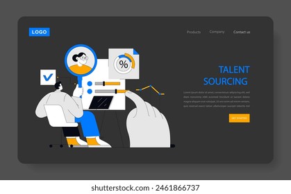 Recruiting concept. Professional uses technology for talent sourcing on an interactive web interface. Corporate hiring process, candidate evaluation. Vector illustration.