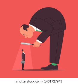 Recruiting. The concept of recruitment. The big boss reviews through a magnifying glass candidate for work in the company. Vector illustration in flat style