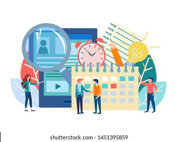 Recruiting concept vector illustration. Office staff selects employees, conducts interviews, assigns interview dates, filling out questionnaires online for employment. hr-management