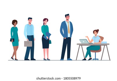 The recruiting department is working. Competition of people for work, queue for an interview in  Human Resources Department. Men and women want to get a job. Vector illustration, flat isolated.