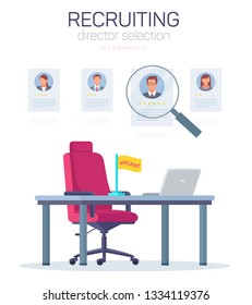 Recruiting Director Selection Infographic Vacant. Vector Illustration on White Background. Centered in Office is Chair With Laptop with Flag Vacant Chair in Freely Top Resume Applicants with Rating.