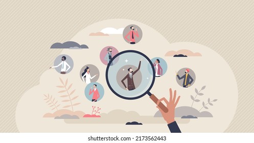 Recruiting employees and human resources hiring job tiny person concept. Search candidates and talents for company staff and team vector illustration. Headhunter review skills and looking for best.