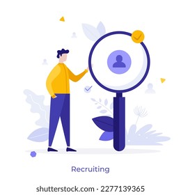 Reclutando ilustración vectorial de concepto plano. Gerente de Recursos Humanos buscando talentos. Hombre con un personaje de lupa en blanco para diseño web. Idea creativa para sitio web, móvil y presentación
