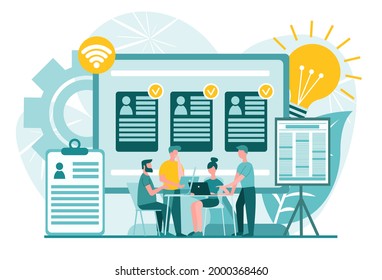 Recruiting, hiring, considering job applications, applying for vacancies Office team at the table Concept vector illustration