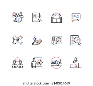 Recruiting and hiring employees - line design style icons set with editable stroke. Search for candidate, vacancy, resume, negotiations, interview, teamwork, career growth, office and business idea