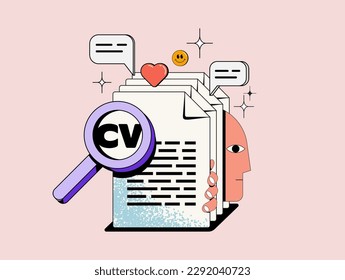 Recruiting or hiring or employment or human resources or team management concept with stack of cv resume and human face looking from it. Vector illustration