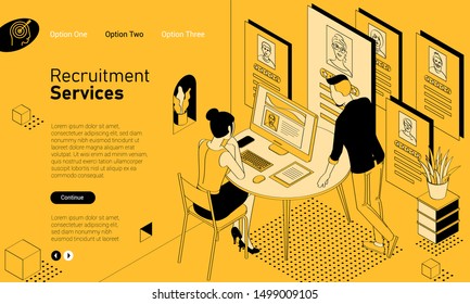 Recruiting and hiring mobile app isometric website template. Black and yellow flat design vector concept for web site and application design and presentation. Home page concept. UI design mockup.
