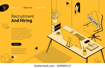 Recruiting and hiring mobile app isometric website template. Black and yellow flat design vector concept for web site and application design and presentation. Home page concept. UI design mockup.