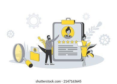 Recruiting and human resource concept in flat line design. People looking for new vacancies, managers read best resumes and select candidates at office. Vector illustration with outline scene for web