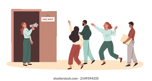 Recruiting and human resources concept. HR department invites candidates for new vacancy. People looking for work and running to open opportunities. Hiring employees. Cartoon flat vector illustration