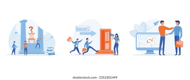 Recruiting and human resources concept, job applicants and office chair open vacancy, People running to open opportunities, employers are considering resumes, set flat vector modern illustration