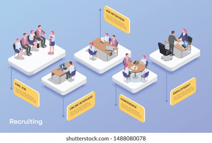 Recruiting human resources flowchart with people looking for job communicating with hr specialists 3d isometric vector illustration