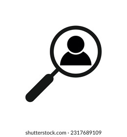 recruiting icon. Magnifier with man isolated on white. Magnifying glass icon. Find people, human research. Vector illustration. know your customers icon flat pictogram.