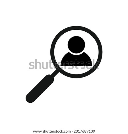 recruiting icon. Magnifier with man isolated on white. Magnifying glass icon. Find people, human research. Vector illustration. know your customers icon flat pictogram.