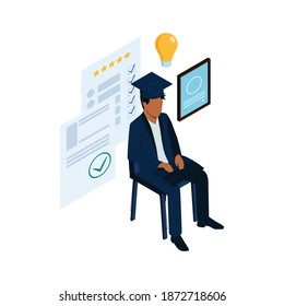 Recruiting isometric concept with job candidate in graduation cap on white background 3d vector illustration