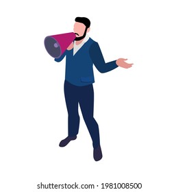 Recruiting isometric icon with character holding megaphone on white background vector illustration