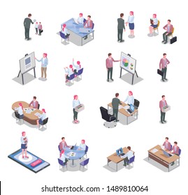 Recruiting isometric icons set with job candidates communicating with recruiters isolated on white background 3d vector illustration